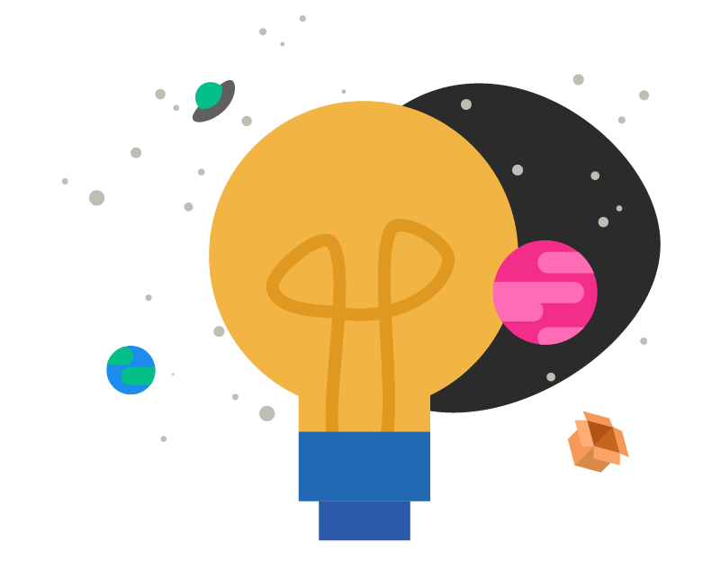 A solar system with a lightbulb in the middle, two planets, a flying saucer, and a box floating around space
